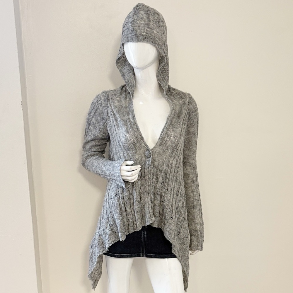 Y2K Charlotte Russe Gray Knit Sweater Hooded Cardigan w Asymmetrical Hem